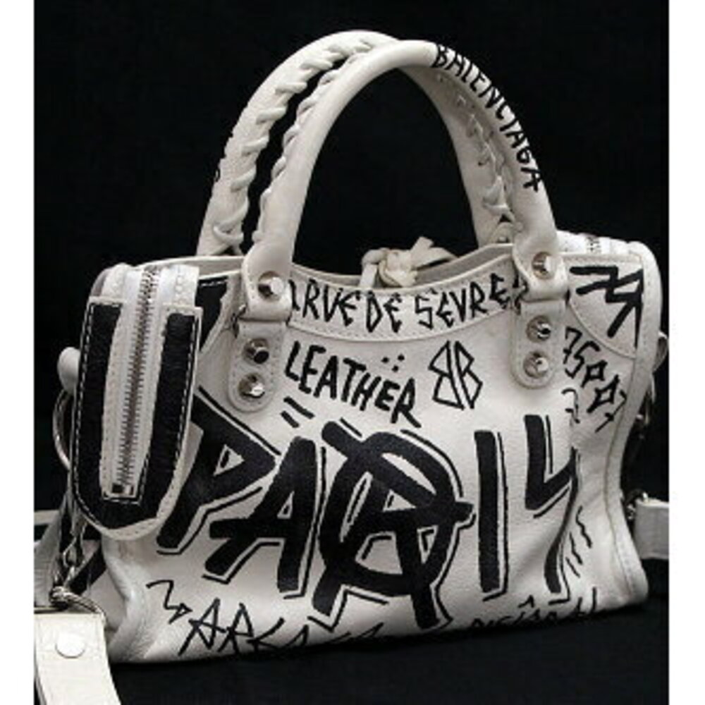 Balenciaga City Graffiti Shoulder Bag Leather Black White - Picture 3 of 6